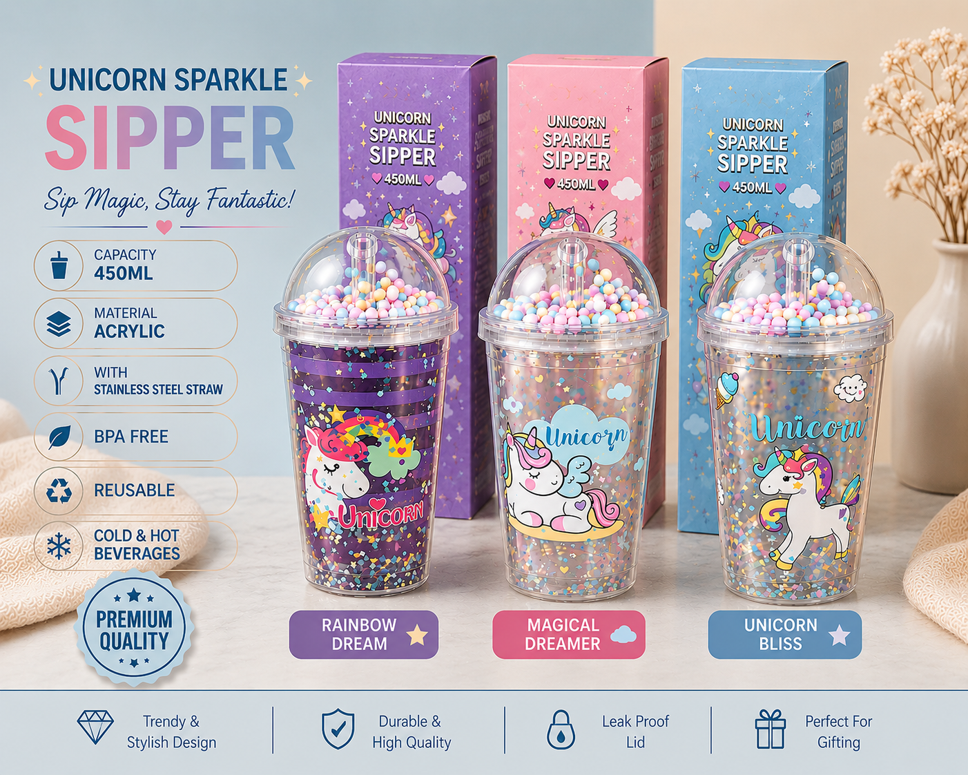 π¦ Unicorn Sparkle Sipper β 450ML