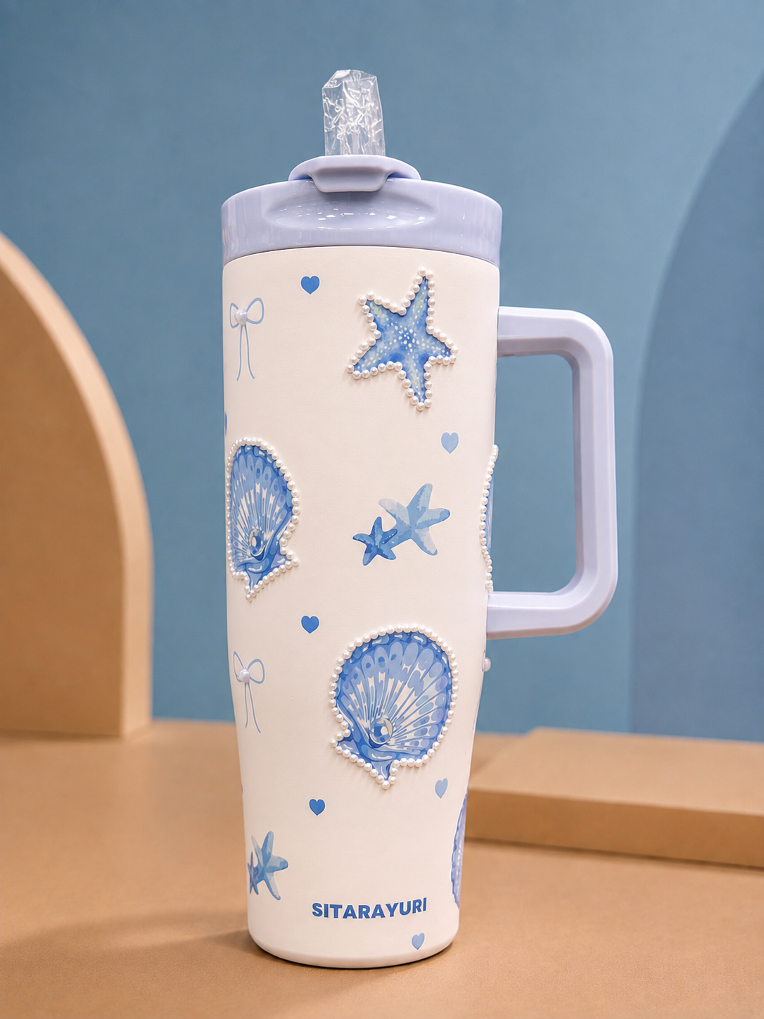 SITARAYURI Ocean Blue Pearl Tumbler with Handle & Straw
