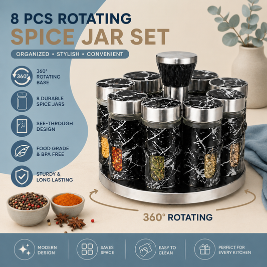 8-Piece Rotating Spice Jar Set with 360Β° Revolving Stand