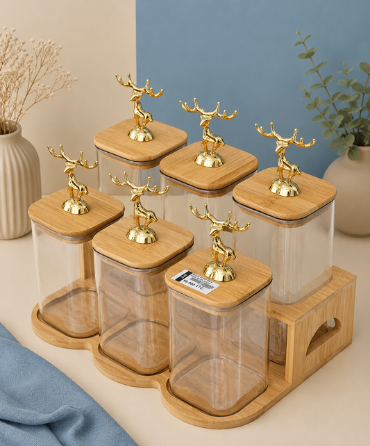 Diamond Glass Storage 6pcs Jar Set with Gold Deer Handle & Bamboo Lids