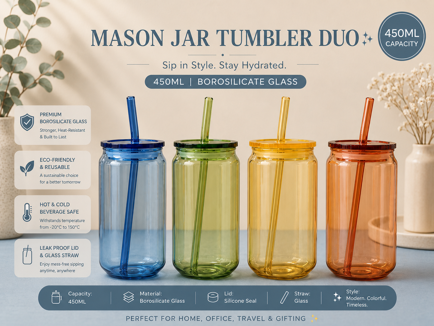Mason Jar Tumbler Duo – 450ml Borosilicate Glass with Glass Straw