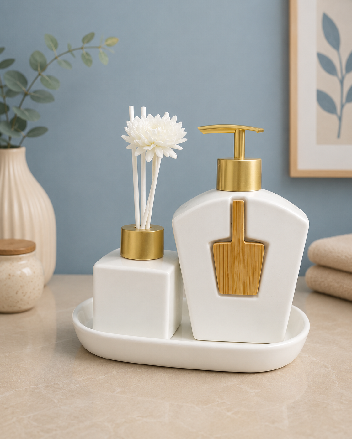 Imported Ceramic Bathroom Accessory Set with Soap Dispenser & Reed Diffuser