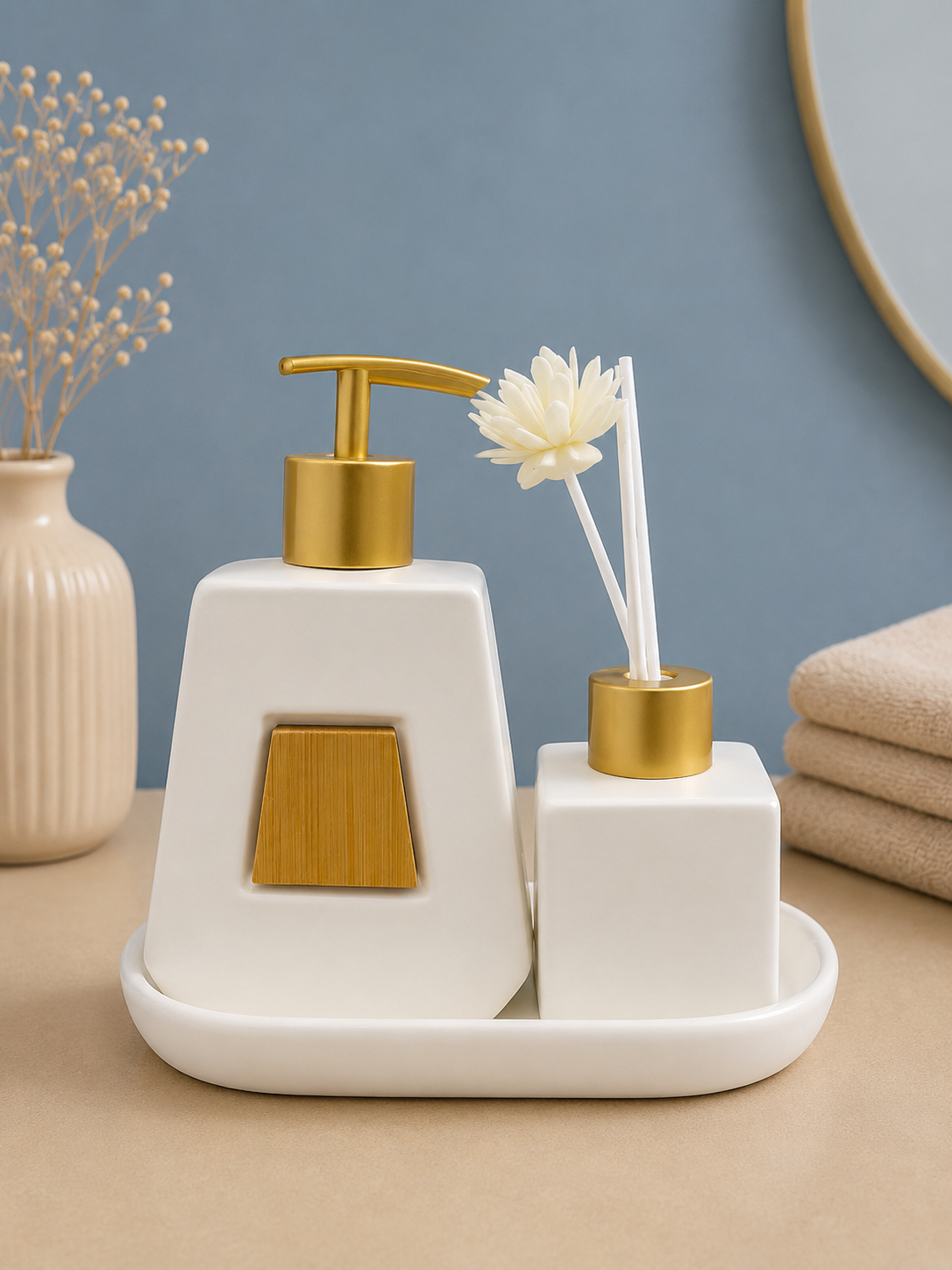 Imported Ceramic Bathroom Accessory Set with Soap Dispenser & Reed Diffuser