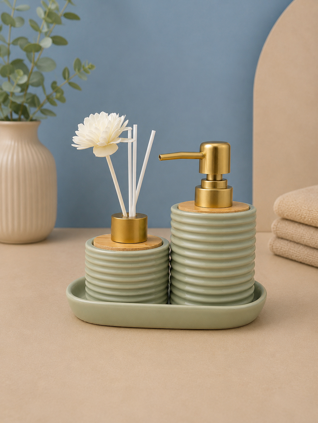 Ribbed Ceramic Sage Green Bathroom Accessory Set with Soap Dispenser & Reed Diffuser