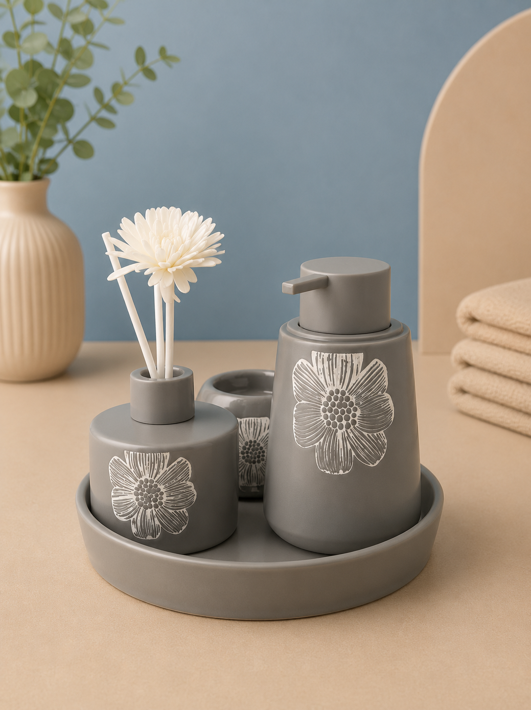 Imported Ceramic Bathroom Accessory Set (4-Piece) (Matte Grey)