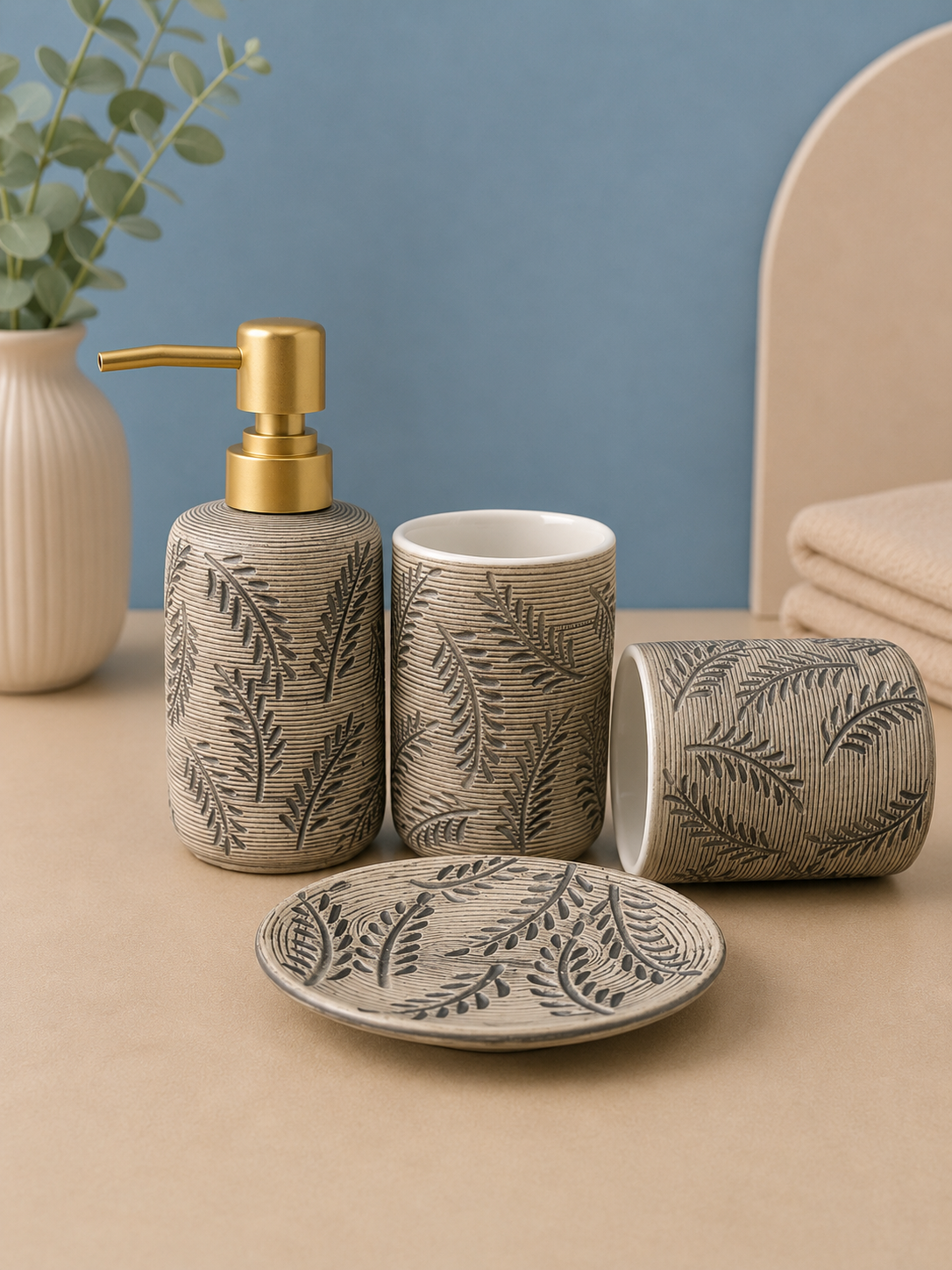 Imported leaf-pattern Ceramic Bathroom Accessory Set (4-Piece)