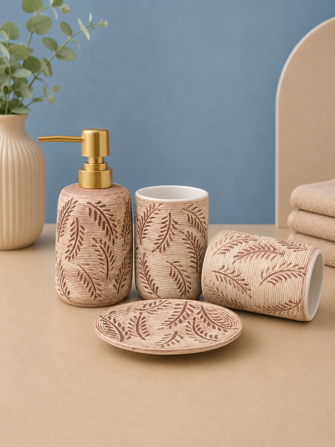 Imported Embossed leaf pattern Ceramic Bathroom Accessory Set (4-Piece)