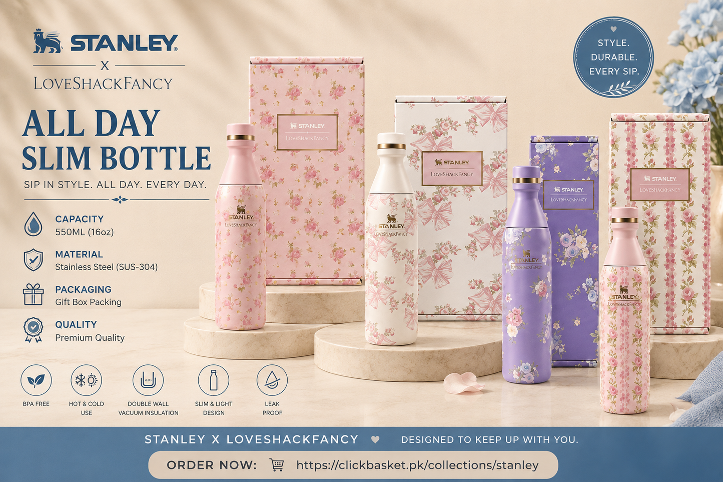 Stanley x LoveShackFancy Slim Bottle – 550ml