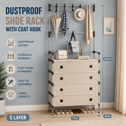 Dustproof Shoe Rack with Coat Hook (4 & 5 Layer)