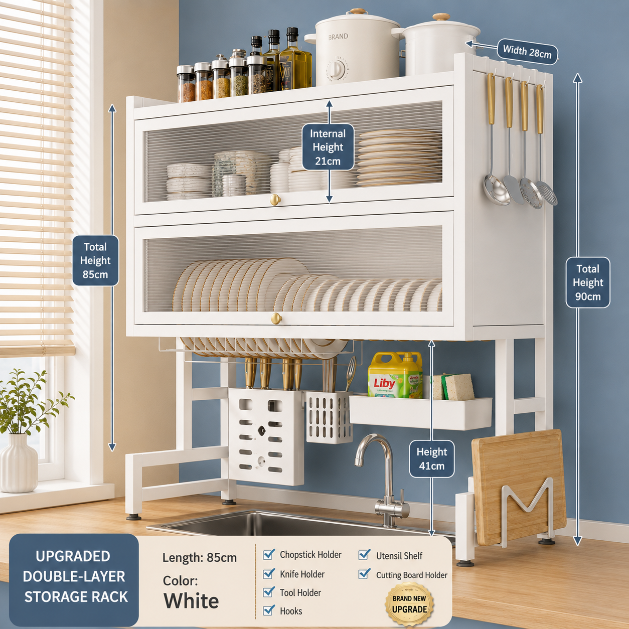 Over-the-Sink 2 Layer Kitchen Dish Drying Rack with Storage Cabinet