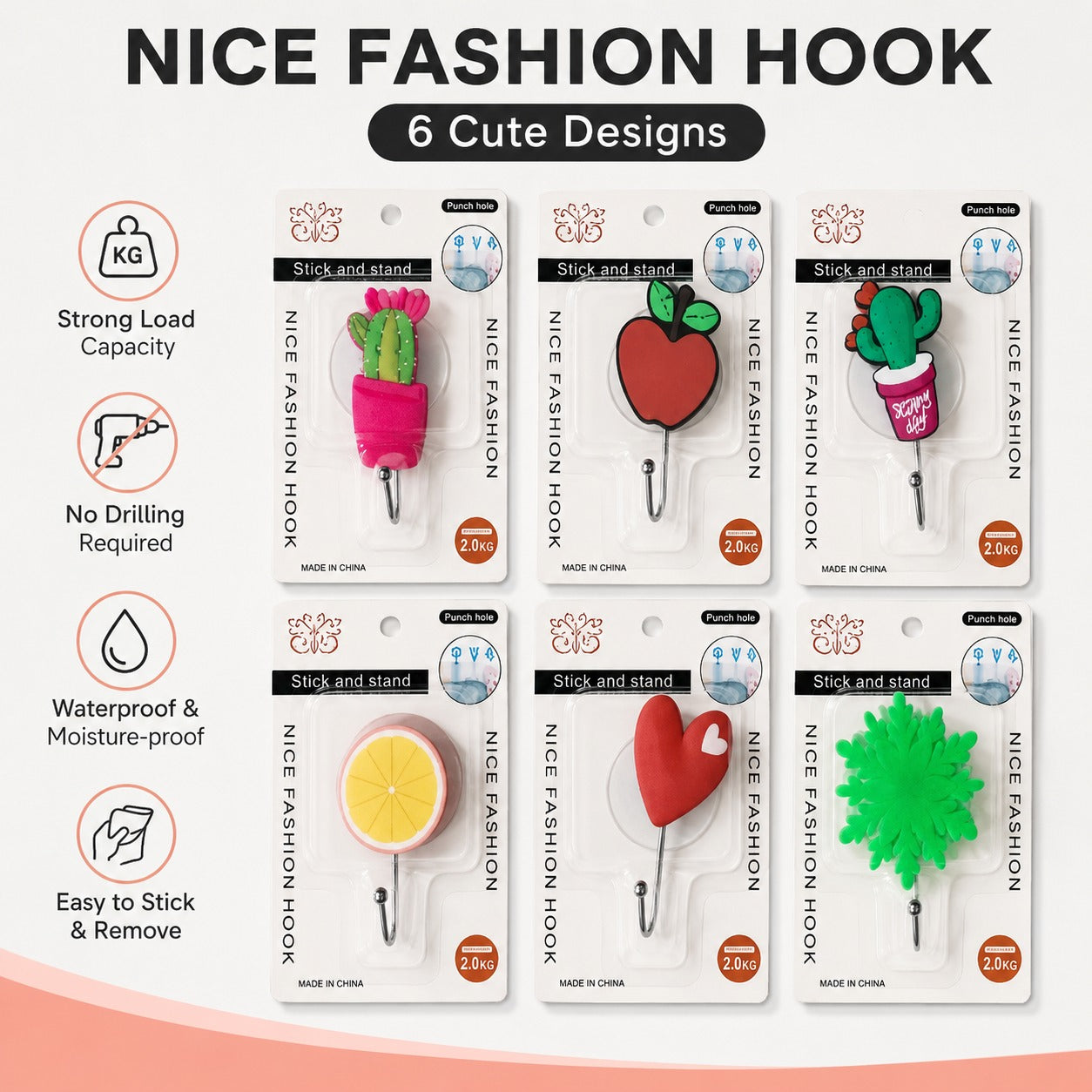 Cute Self-Adhesive Decorative Wall Hooks (2kg Load Capacity)
