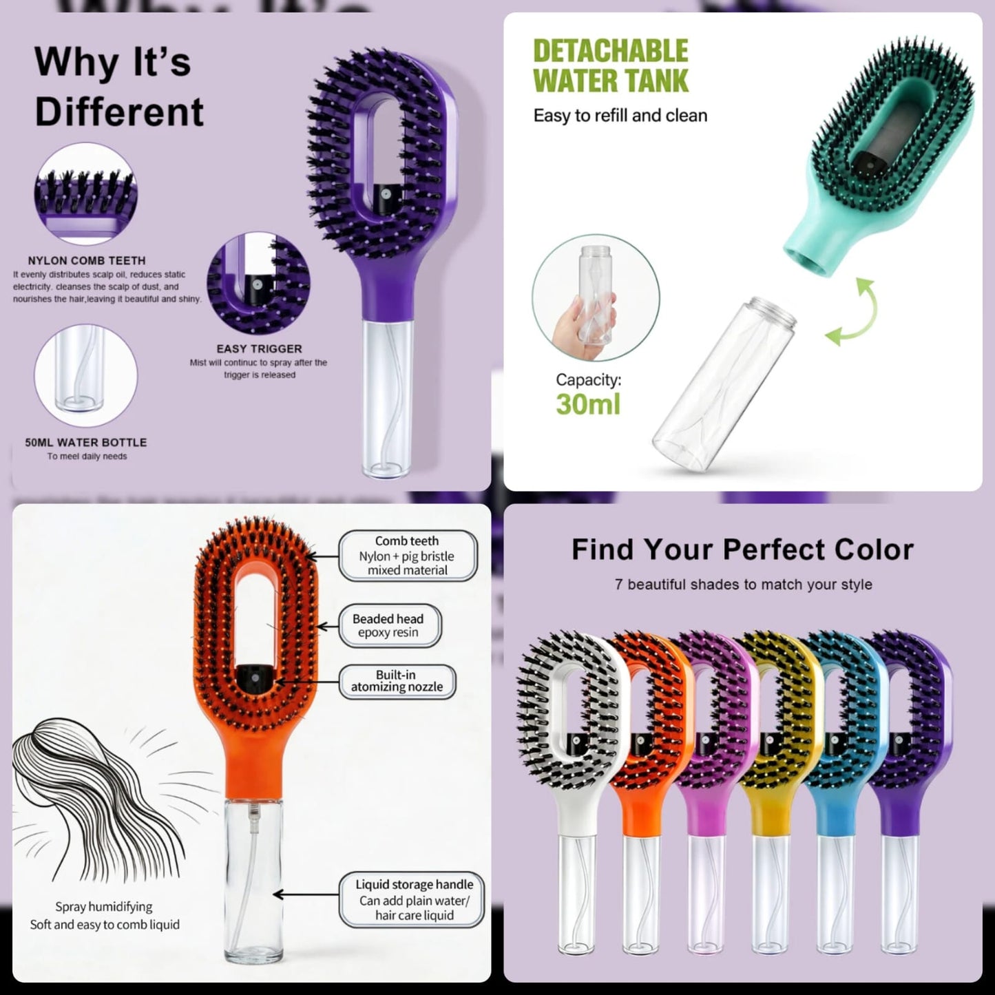 2-in-1 detangling hair brush with built-in mist spray in assorted colors