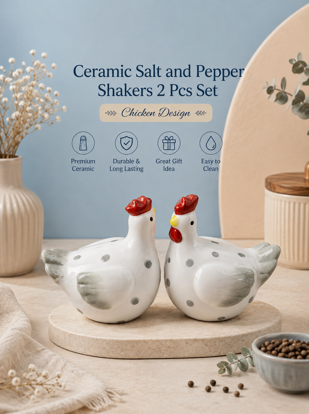🐔 Ceramic Chicken Salt & Pepper Shakers – 2 Pcs Set