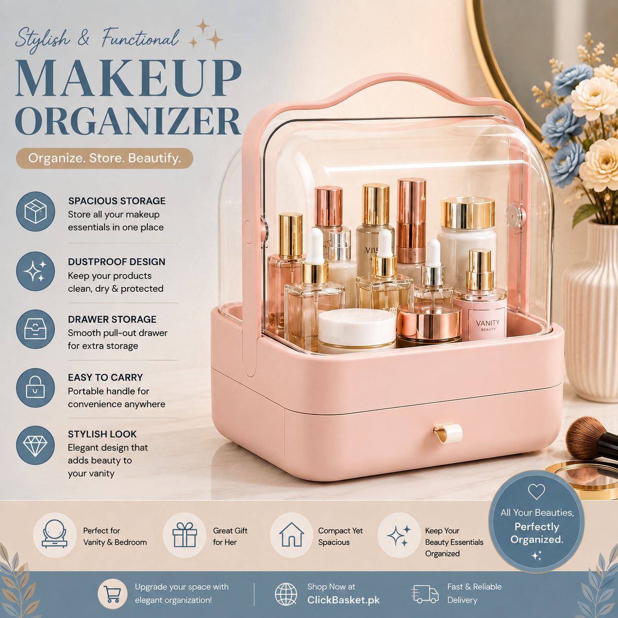 Stylish & Functional Makeup Organizer with Dustproof Cover & Drawer