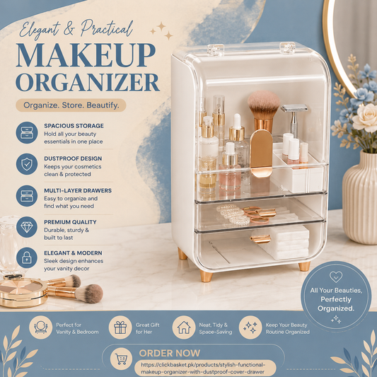 Elegant & Practical Makeup Organizer with Dustproof Cover & Multi-Layer Drawers