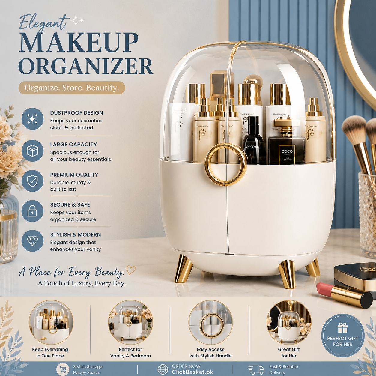 Elegant Luxury Makeup & Cosmetic Organizer with Dustproof Cover