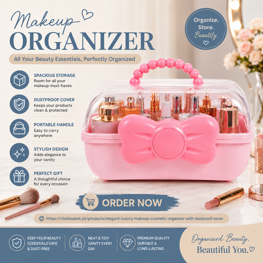 🎀 Elegant Bow Makeup & Cosmetic Organizer with Dustproof Cover