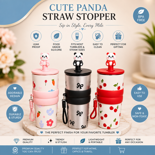 Stainless Steel Tumbler with Cute Panda Straw Stopper( Random Colors)