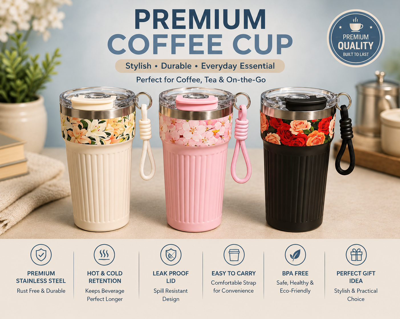 Premium Coffee Cup with Lid & Carry Strap(Random Colors)