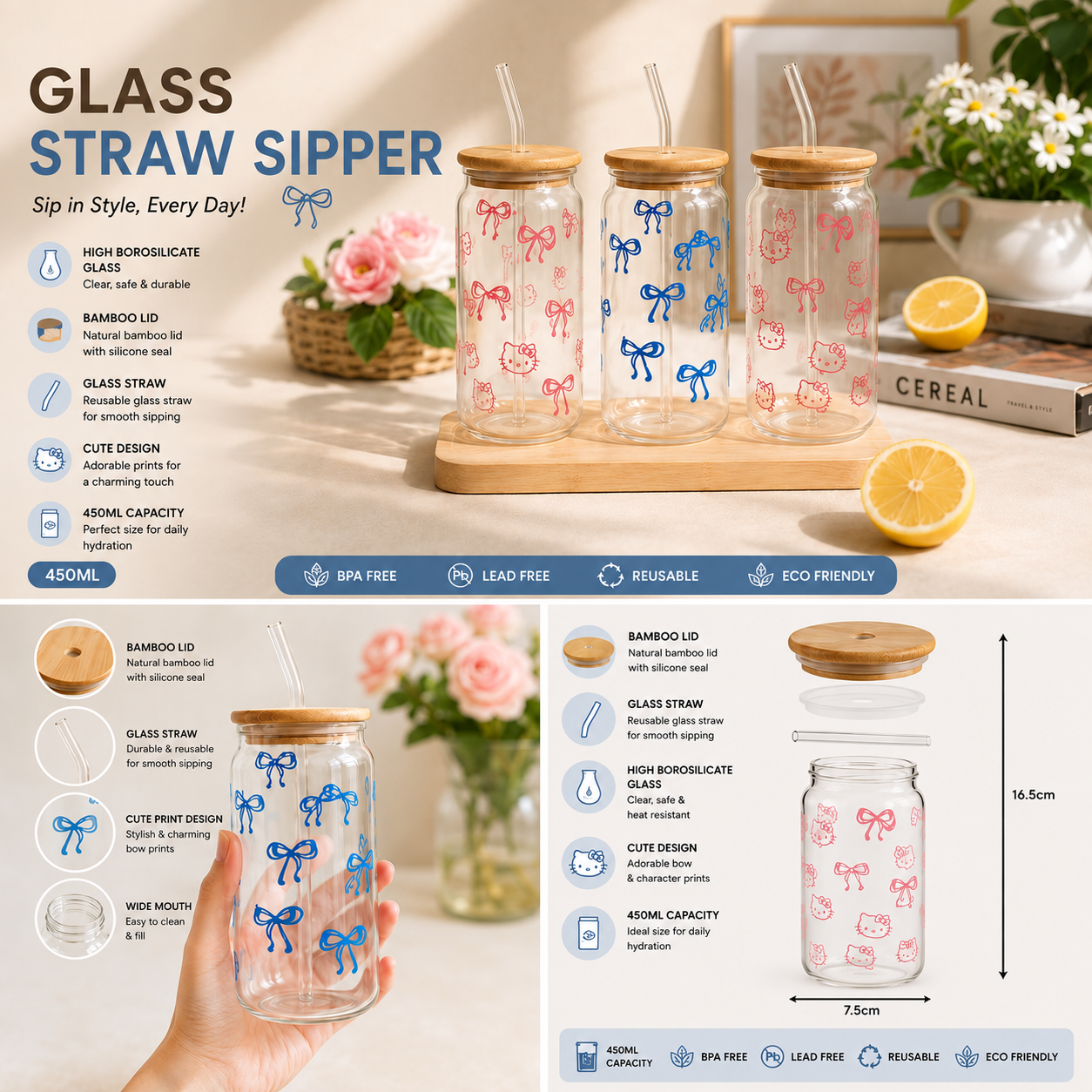 Glass Straw Sipper with Bamboo Lid - 450ML (Random Colors)