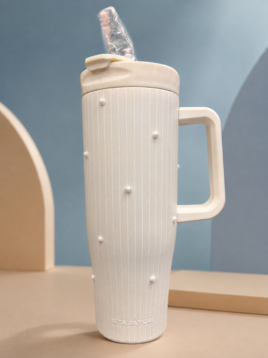 SITARAYURI Cream Pearl-Embellished Striped Tumbler with Handle & Straw