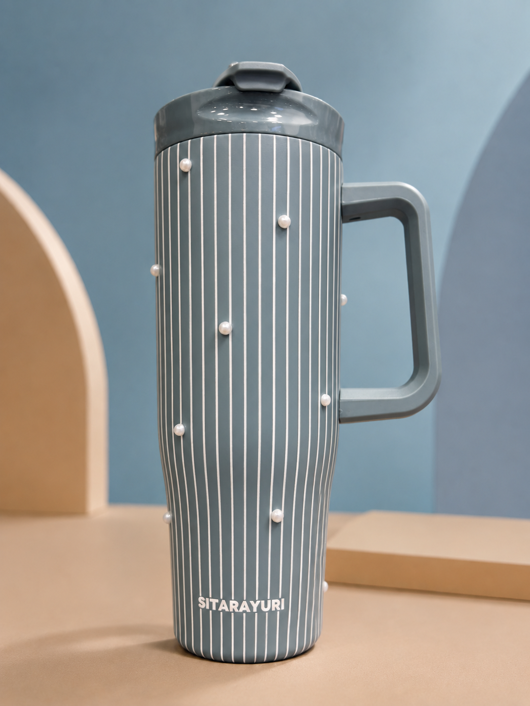 SITARAYURI Pearl-Embellished Striped Tumbler with Handle