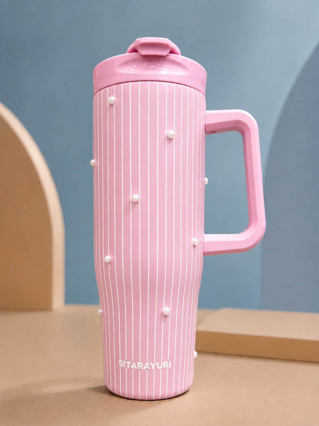 SITARAYURI Pearl-Embellished Striped Tumbler with Handle &amp; Straw