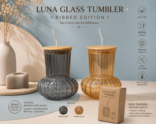 Luna Glass Tumbler – Ribbed Edition (400ML)