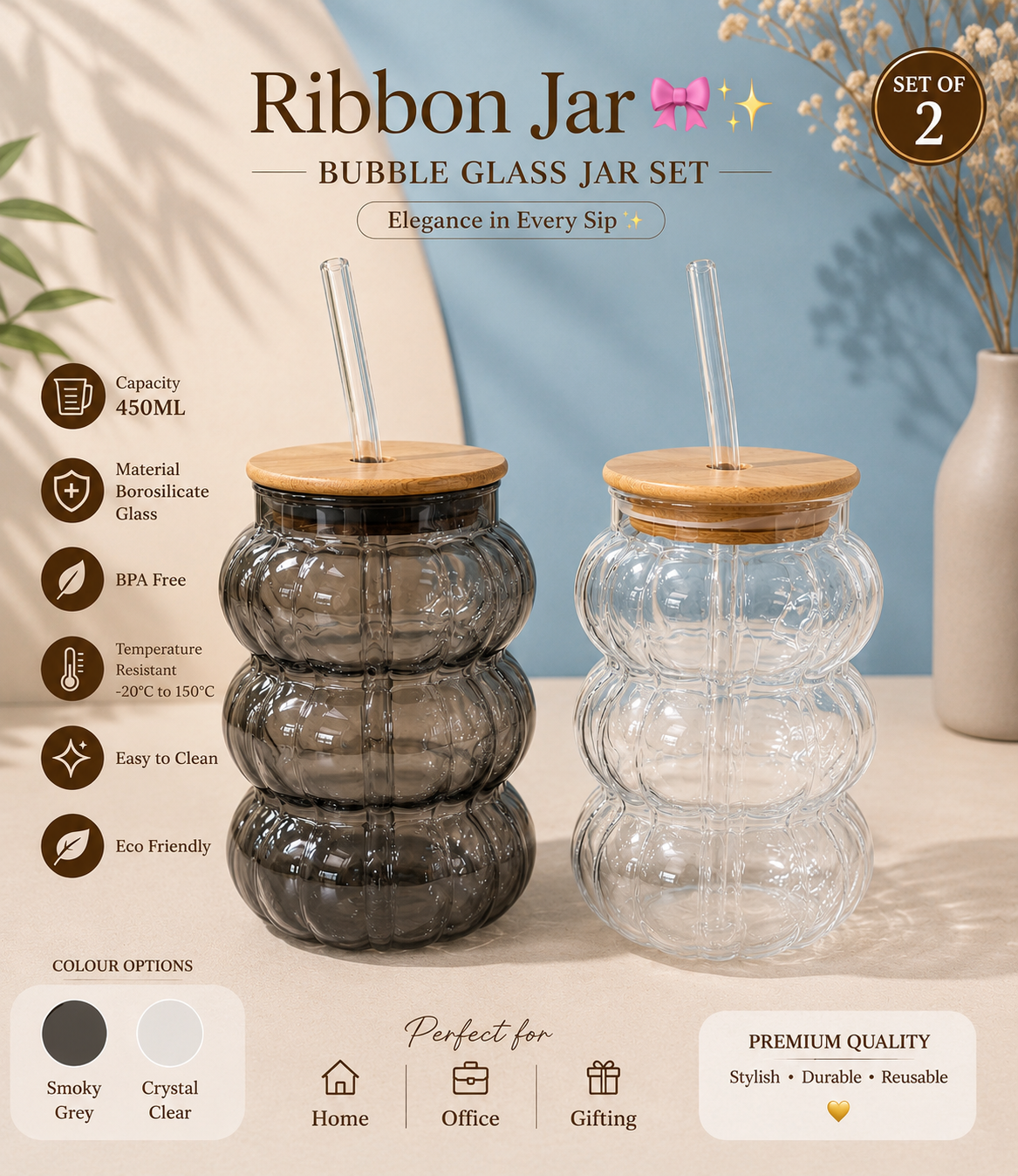 Ribbon Jar Bubble Glass Jar Set (Set of 2) – 450ML