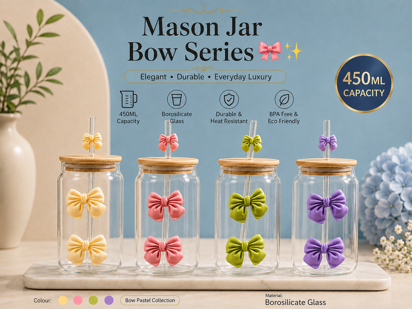 Mason Jar Bow Series – 450ML Borosilicate Glass Tumbler (1pcs)