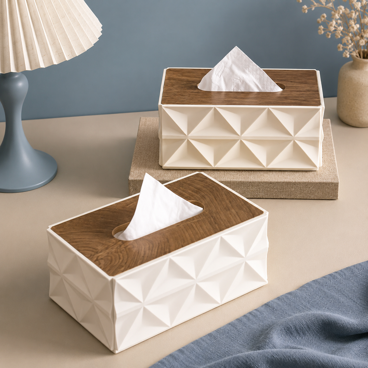 Geometric Tissue Box with Wood-Style Lid