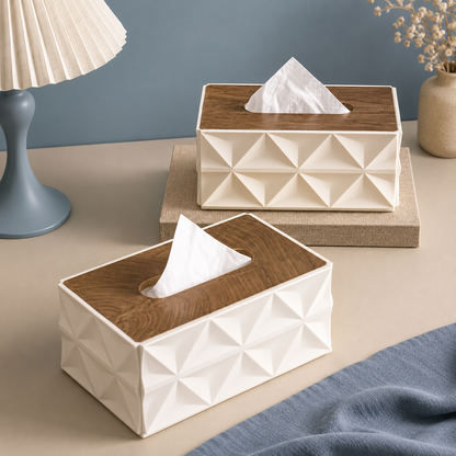 Geometric Tissue Box with Wood-Style Lid