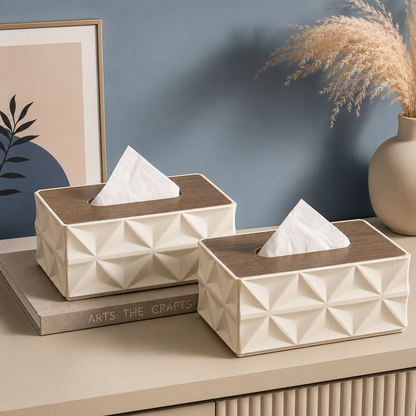 Geometric Tissue Box with Wood-Style Lid