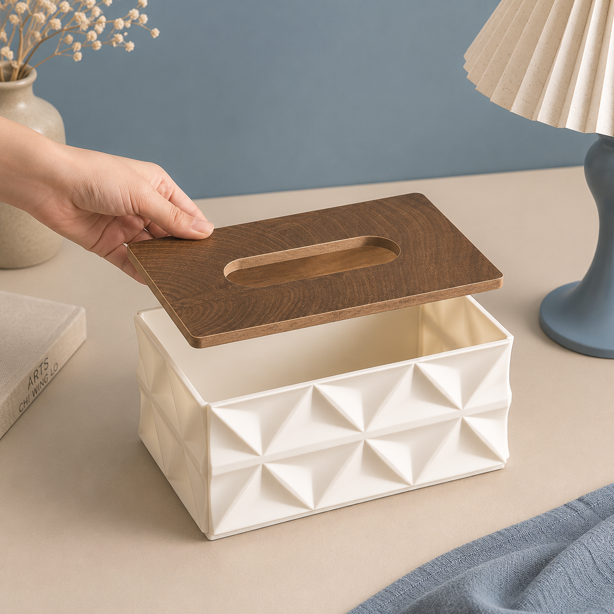 Geometric Tissue Box with Wood-Style Lid
