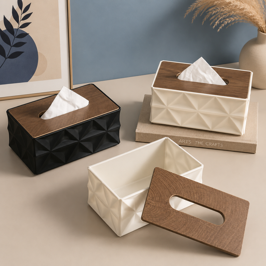 Geometric Tissue Box with Wood-Style Lid