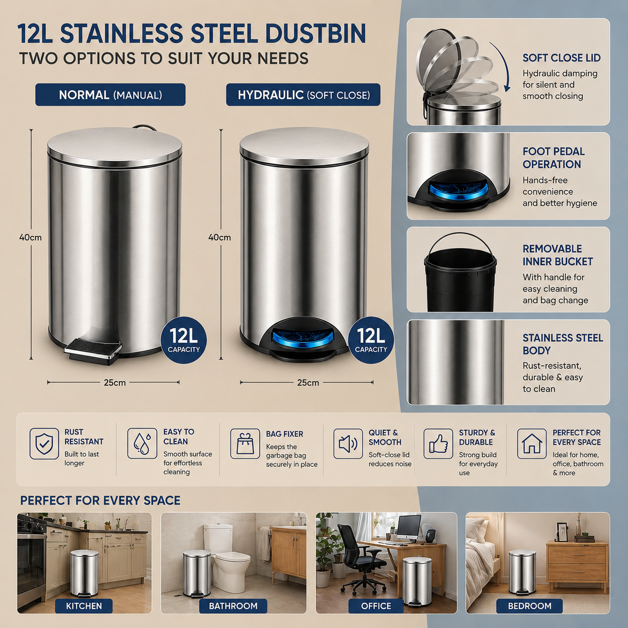 Premium Stainless Steel Pedal Dustbin – Normal & Hydraulic