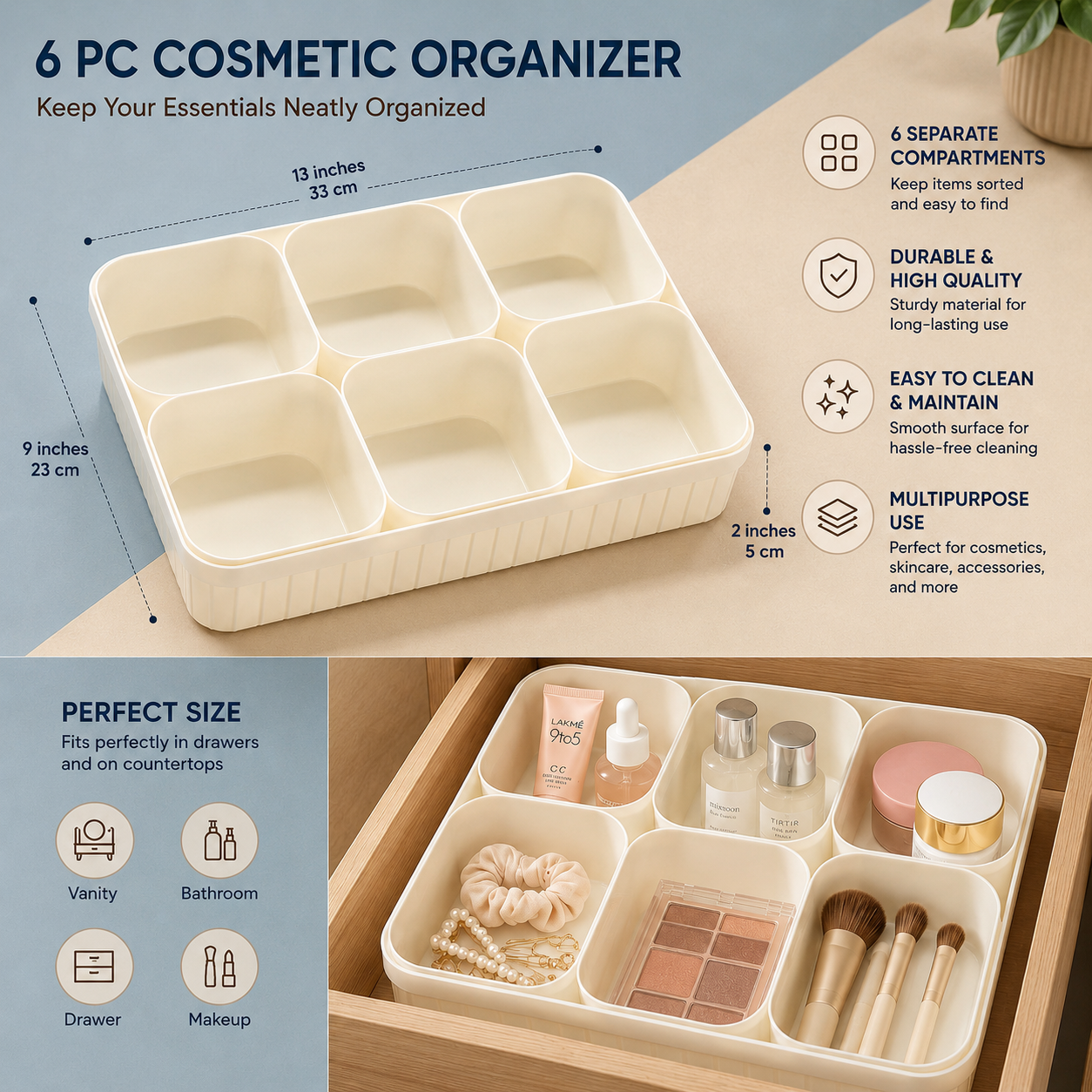 Multi-Compartment 6pc's Cosmetic Organizer Tray
