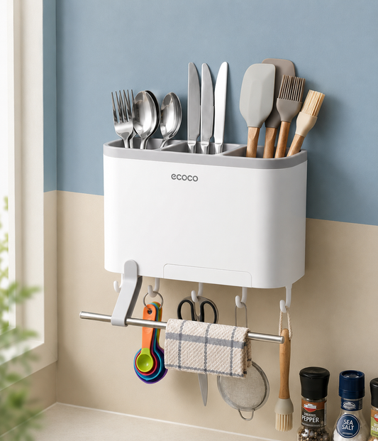 Wall Mounted Ecoco Kitchen Utensil Organizer with Hooks & Towel Rod