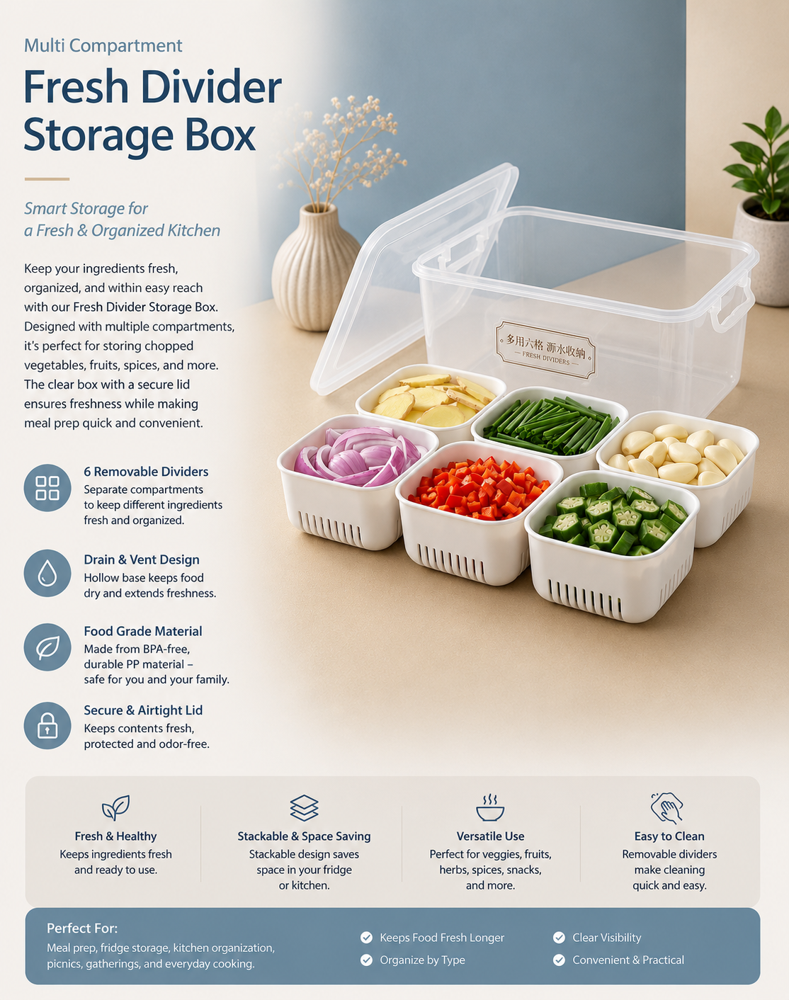 🥗 Multi-Purpose Fresh Food &amp; Vegetable Storage Box with 6 Drain Baskets