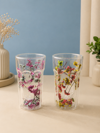 🌸 Double Wall Dried Flower Glass Tumbler – Elegant Floral Drinking Glass (350ml)