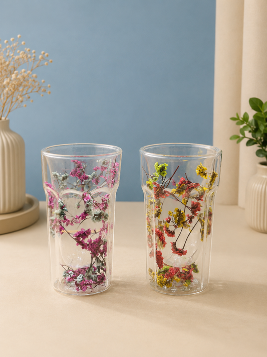 🌸 Double Wall Dried Flower Glass Tumbler – Elegant Floral Drinking Glass (350ml)