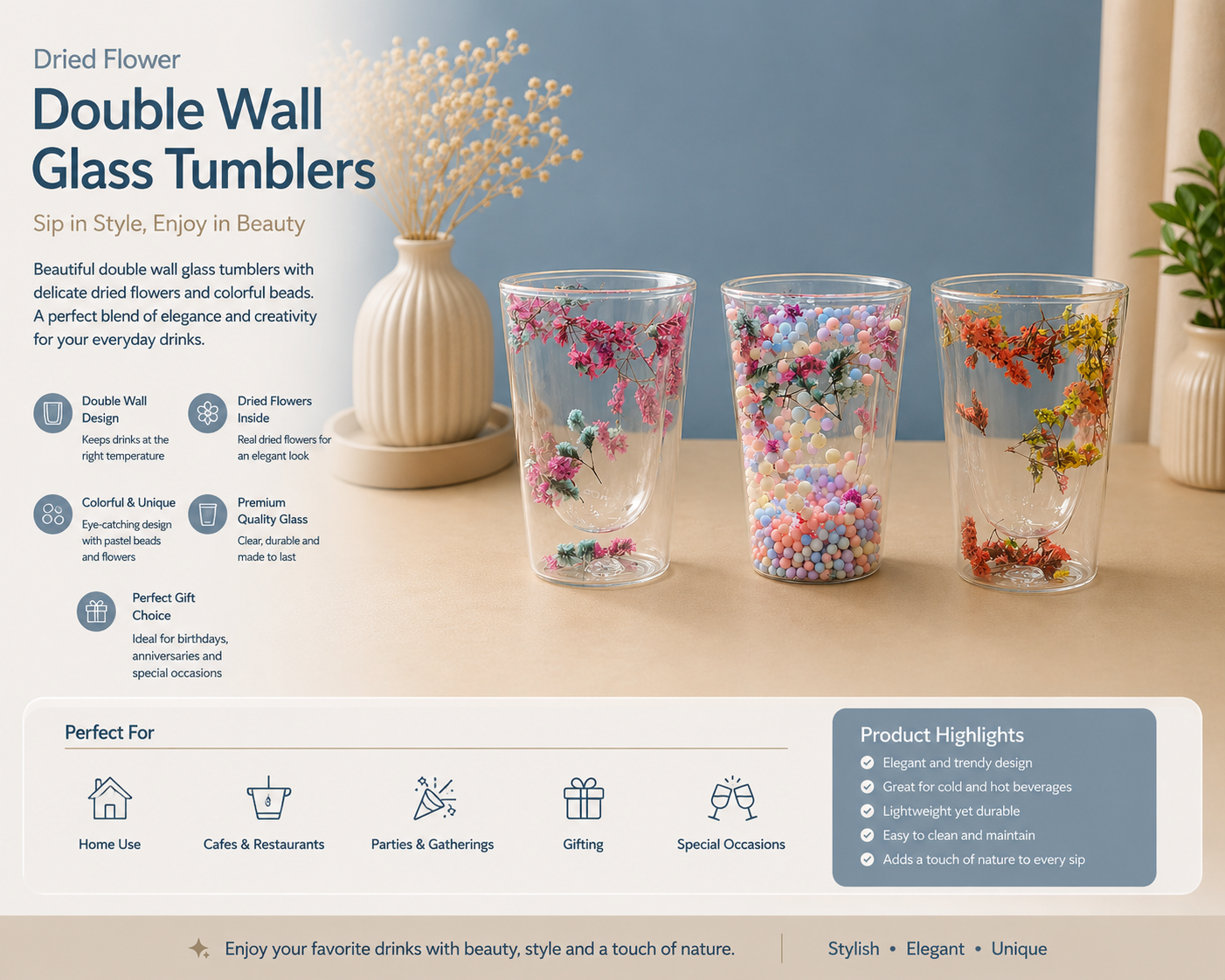 🌸 Dried Flower Double Wall Glass Tumbler – Elegant & Unique Drinkware