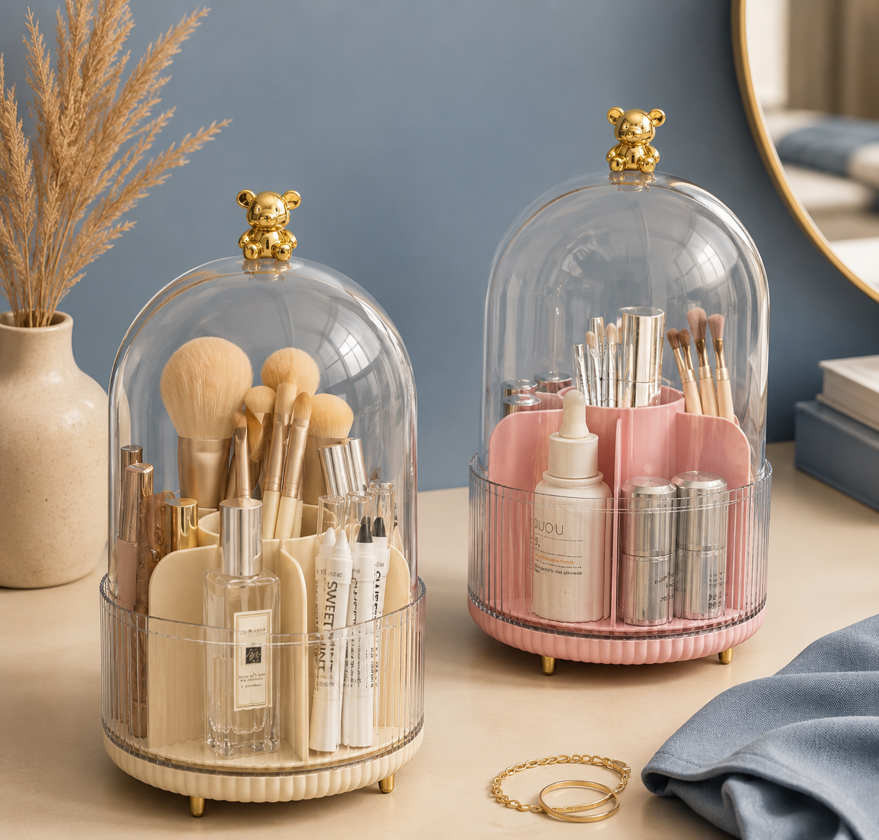 360° Rotating Makeup Organizer with Dust-Proof Cover with Bear Lid