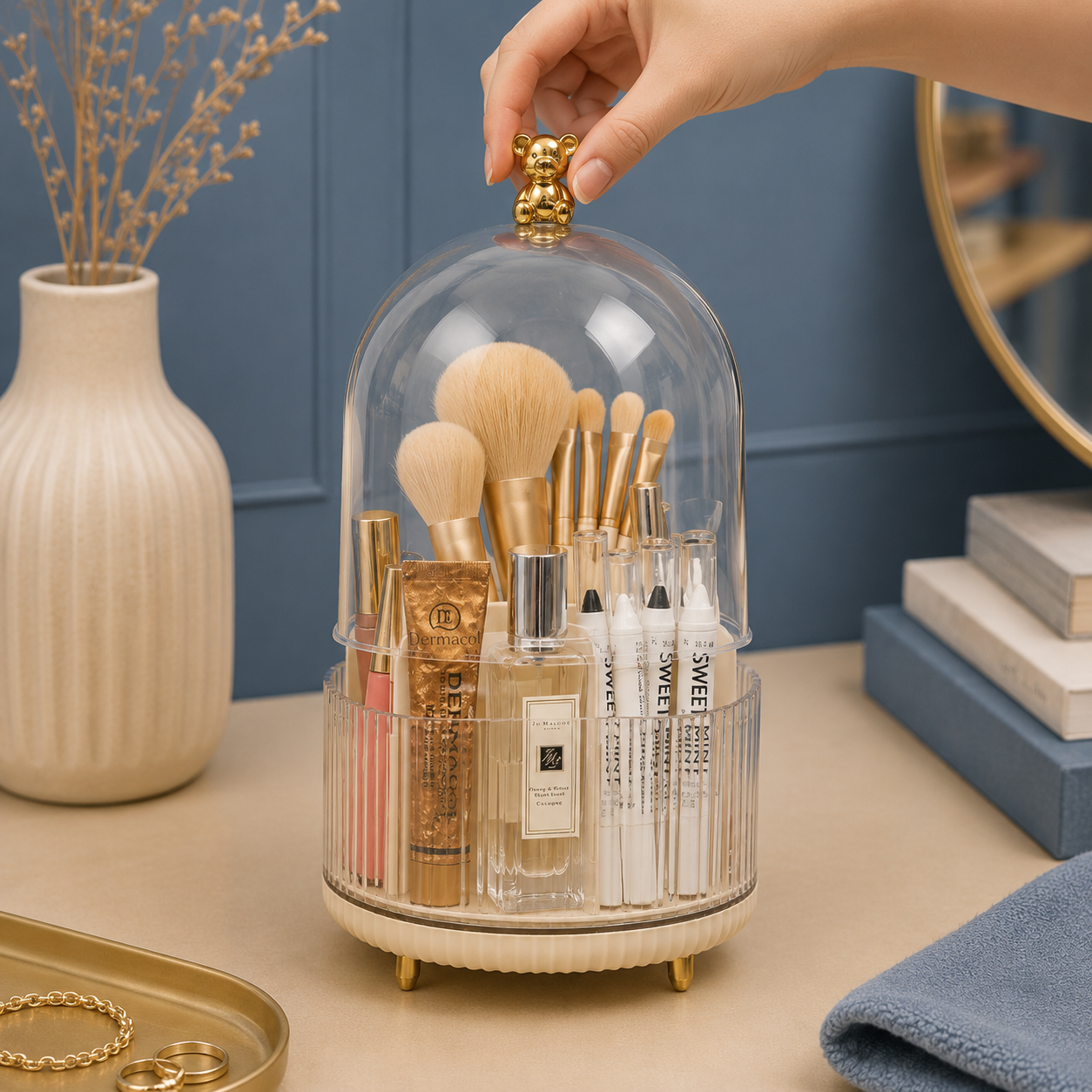 360° Rotating Makeup Organizer with Dust-Proof Cover with Bear Lid