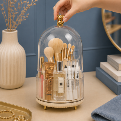 360° Rotating Makeup Organizer with Dust-Proof Cover with Bear Lid