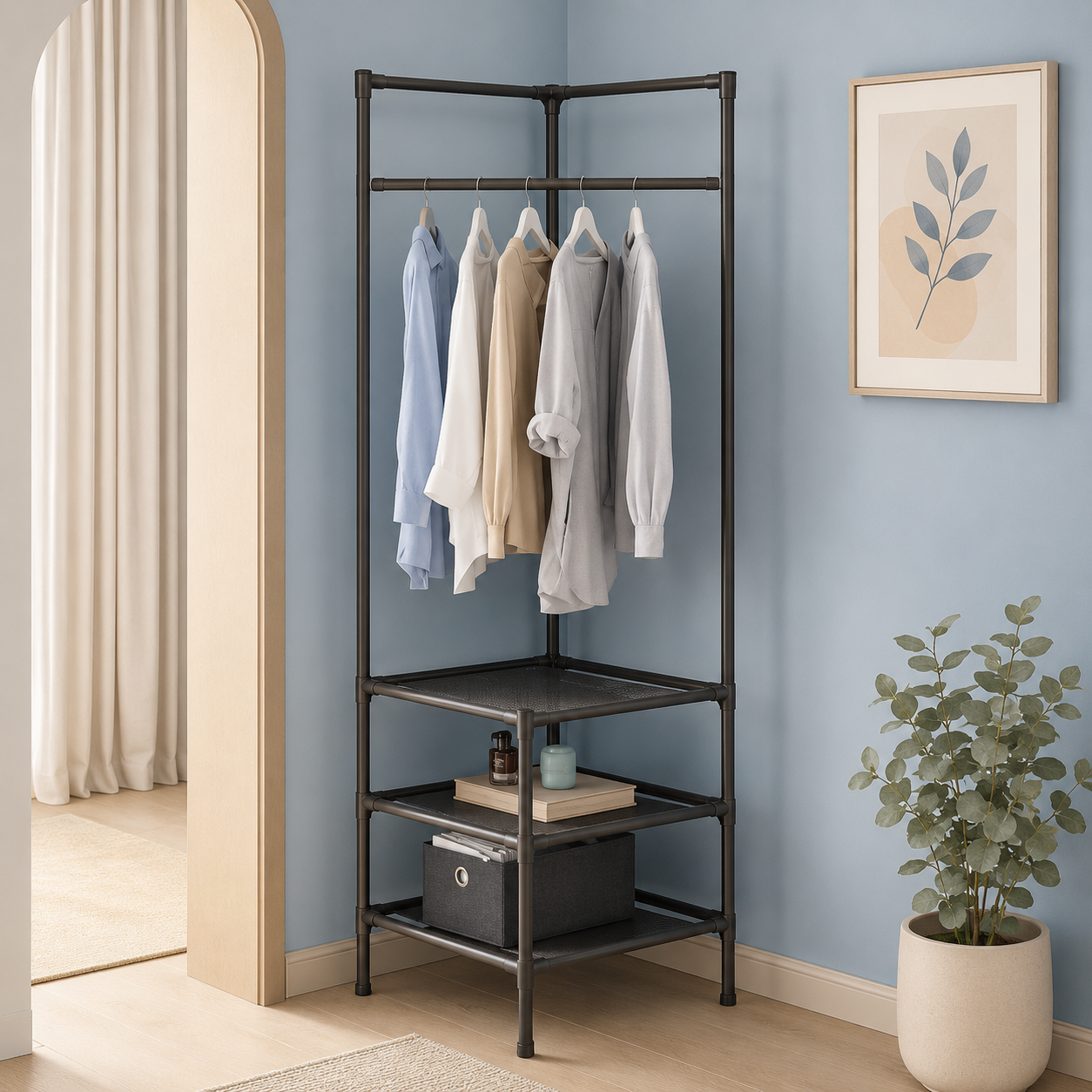 Corner Clothes Rack with Storage Shelves