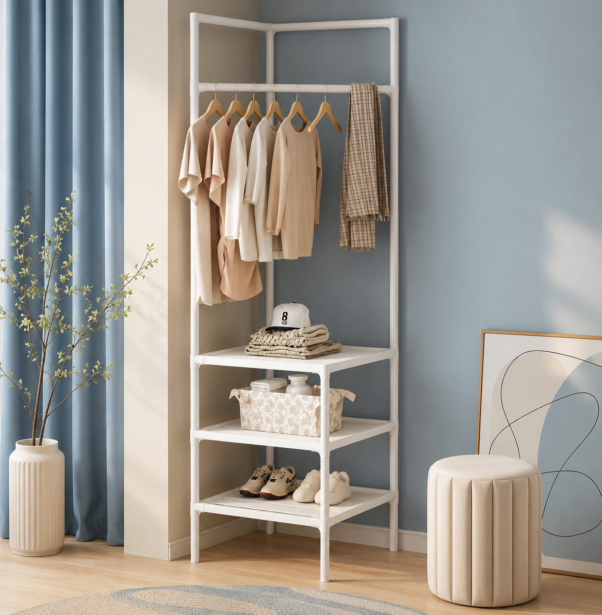 Corner Clothes Rack with Storage Shelves