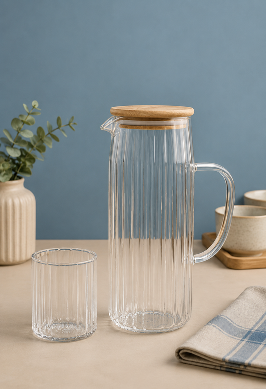 Ribbed Glass Water Jug Set with Bamboo Lid 1 Jug + 6 Glasses