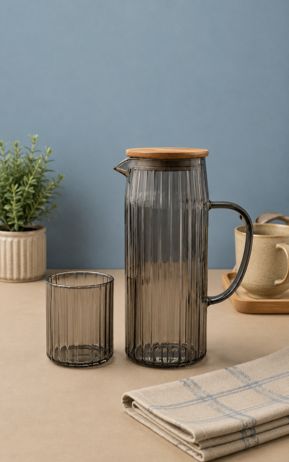 Ribbed Glass Water Jug Set with Bamboo Lid 1 Jug + 6 Glasses