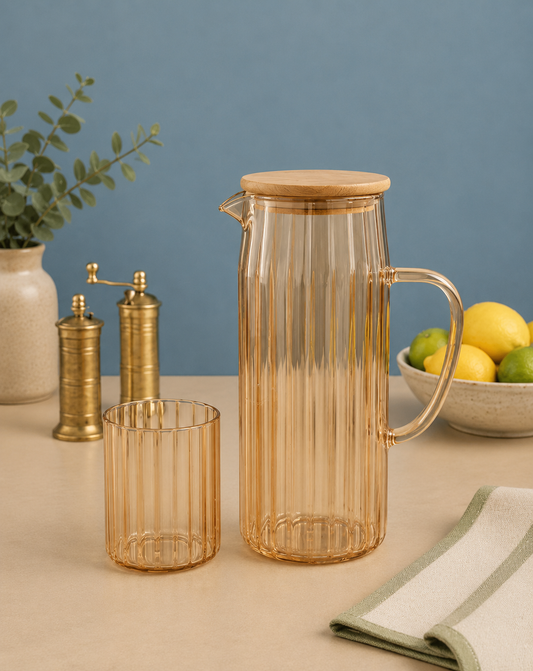 Ribbed Glass Water Jug Set with Bamboo Lid 1 Jug + 6 Glasses
